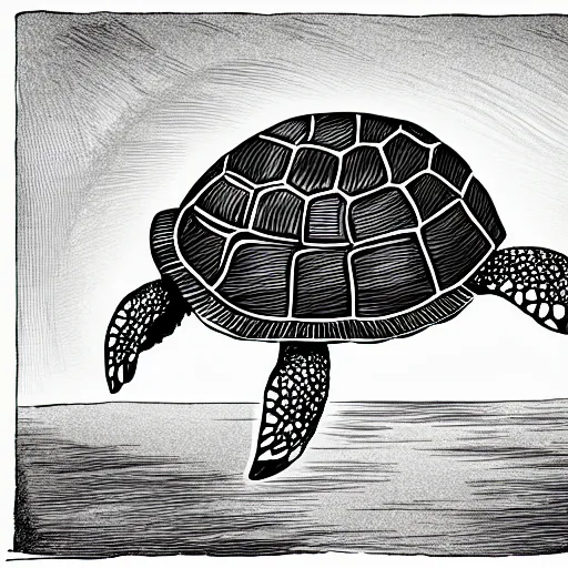 Image similar to storybook illustration of a turtle with a shell mounted propeller, storybook illustration, monochromatic