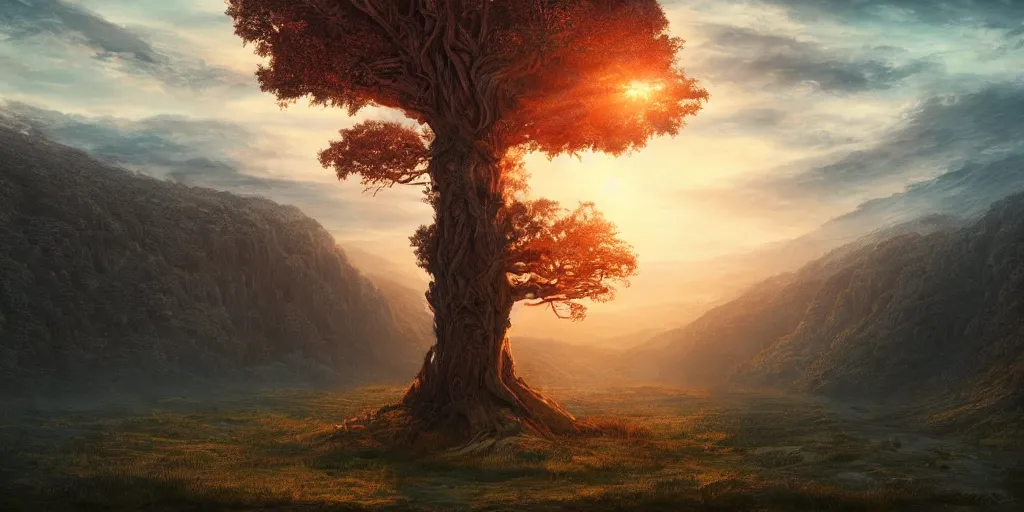 Prompt: a lonely giant tree in the center of a in immense valley at sunset, intricate, highly detailed, soft illumination, digital painting, artstation, concept art, smooth, sharp focus, illustration, cinematic, vfx, 4 k