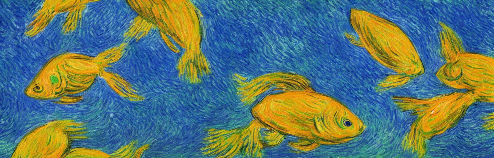 Image similar to An aesthetically pleasing, dynamic, energetic, lively, well-designed digital art of the fish in the ocean viewed from underwater, nature cinematography, light and shadow, chiaroscuro, by Claude Monet and Vincent Van Gogh, superior quality, masterpiece, excellent use of negative space. 8K, superior detail, widescreen.