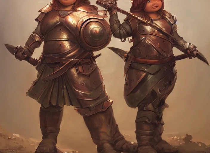 Image similar to cute chubby gnome woman wearing copper armor with sword and shield, small stature, short size, cute and adorable, pretty, DnD character art portrait, matte fantasy painting, DeviantArt Artstation, by donato giancola, ralph horley, loish, cinematic lighting