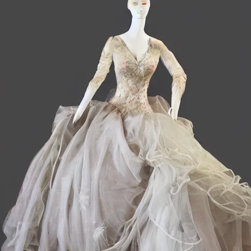 Prompt: a very beautiful ball gown made out of intricate blown glass, on a mannequin. high quality, high resolution, studio lighting