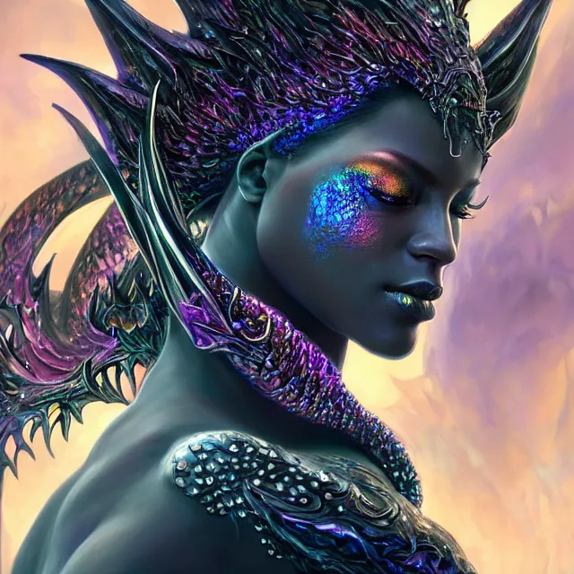 Prompt: detailed portrait of beautiful fantasy dragon queen made of iridescent smoke, dark fantasy, sharp focus, vibrant, vivid, magical shiny skin, symmetry, highly detailed, 4 k digital painting, detailed skin, crystal, magical, raytracing, plasma, artistic, concept art by artgerm, greg rutkowski, alphonse mucha, unreal engine render,