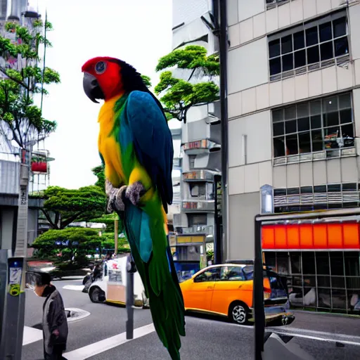 Prompt: a human sized parrot standing on a street in ota city, tokyo