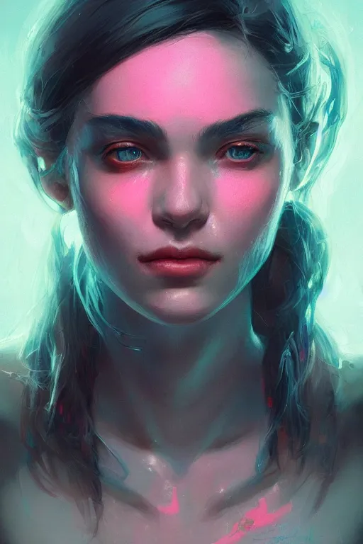 Prompt: portrait of a girl with a scaly skin and biotechnical parts and neon light by Artgerm and Greg Rutkowski , digital painting, highly detailed, trending on artstation