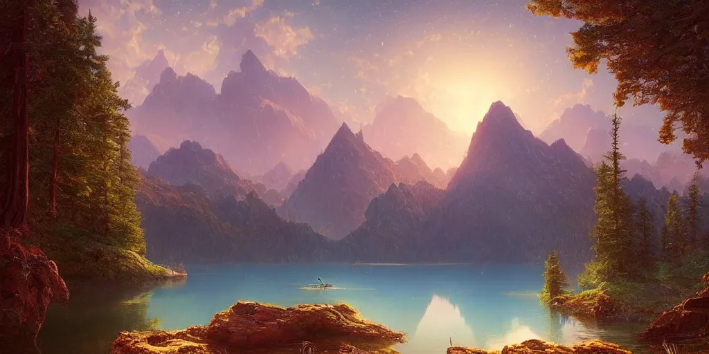 Prompt: a beautiful hyper realistic detailled matte painting of a serene mountain lake with glowing stars, butterflies by night, by Moebius and John Howe and Albert Bierstadt and Alena Aenami, unreal engine, trending on artstation, barometric projection, rectilinear