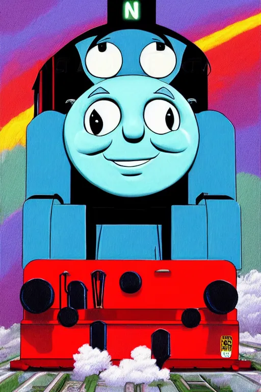 Prompt: concept art painting of a demonic thomas the tank engine, artgerm, moebius, inio asano, toon shading, cel shading, calm, tranquil, vaporwave colors,