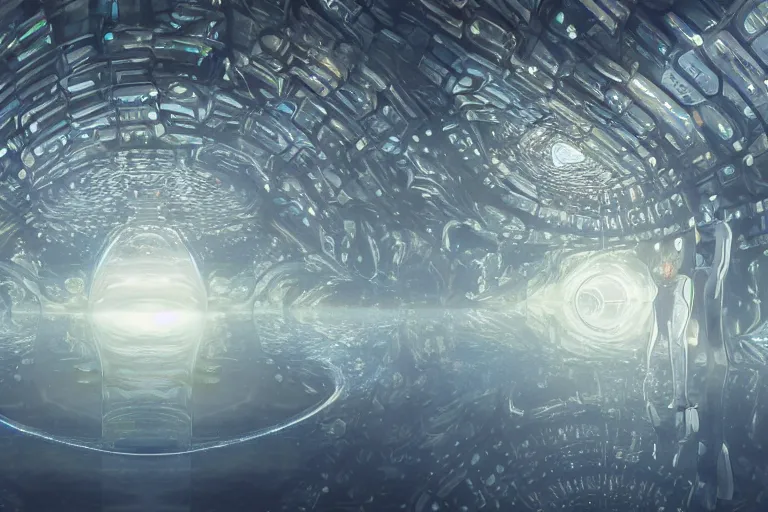 Image similar to cinematic inside a nautilus hall of mirrors, cybernetic circuitry, glowing pulses and reflections, shimmer water surface reflections in silver mirrors, pulses of gnostic energy, the deepest secrets, by jessica rossier and mc escher