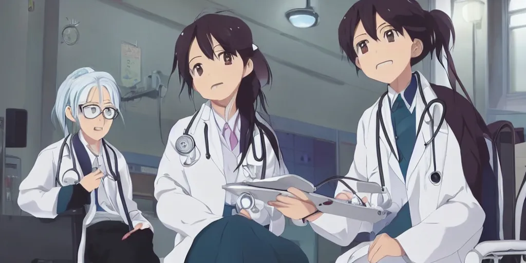 Image similar to a cute young female doctor wearing white coat, an old patient of 80 years in a wheelchair, hospital ward, slice of life anime, cinematic, realistic, anime scenery by Naoshi Arakawa:8 and Makoto shinkai