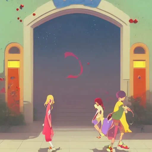 Image similar to a beautiful picture of the entrance of an high school, art by masaaki yuasa, and greg rutkowski, trending on artstation