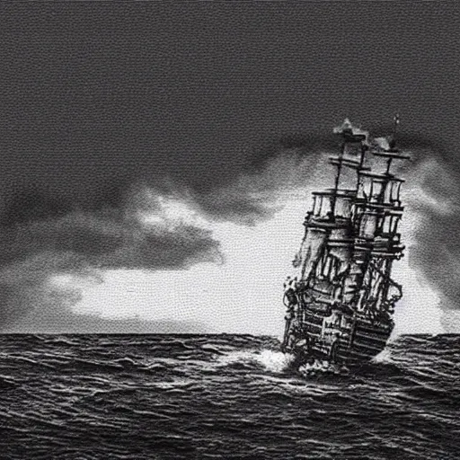 Prompt: amazing and detailed dithered duotone pixelart of a pirate ship at sea in a storm