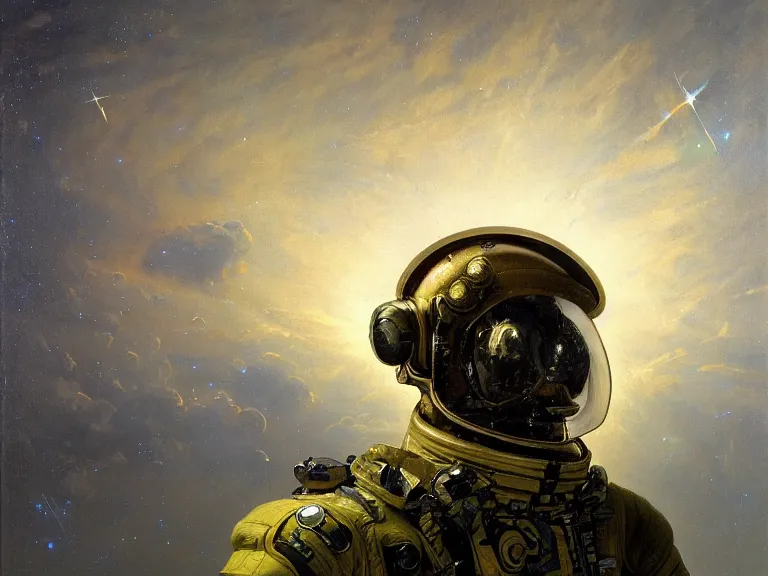 Image similar to a detailed profile oil painting of an advanced soldier in a spacesuit with reflective helmet, advanced technology flight suit, portrait symmetrical and science fiction theme with aurora lighting clouds and stars by beksinski carl spitzweg and tuomas korpi. baroque elements, full-length view. baroque element. intricate artwork by caravaggio. Trending on artstation. 8k