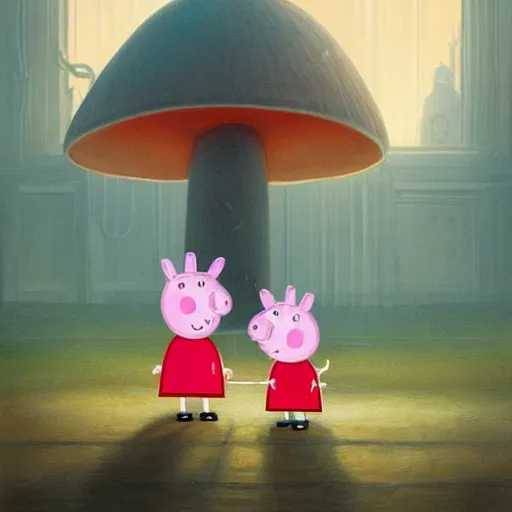 Image similar to Peppa Pig plays in front on a large nuclear mushroom and is totally oblivious to the fact that the city is in flames and everyone die. Elegant, intricate, digital painting, artstation, concept art, smooth, sharp focus, illustration, art by artgerm and greg rutkowski and alphonse mucha