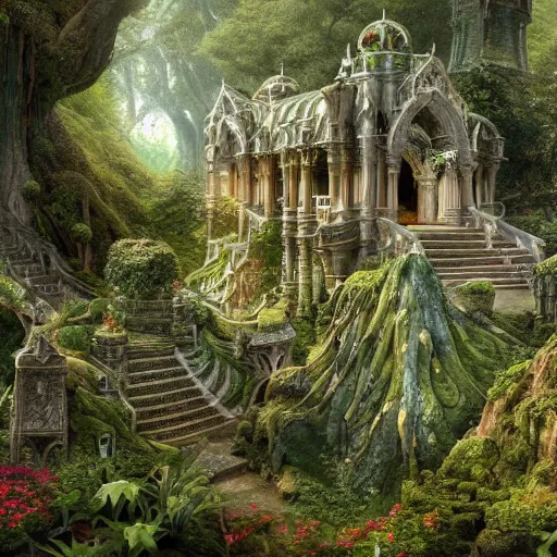 Image similar to a beautiful and highly detailed matte painting of an elven temple magical fantasy garden in a lush forest, intricate details, epic scale, insanely complex, 8 k, sharp focus, hyperrealism, by caspar friedrich and brian froud,