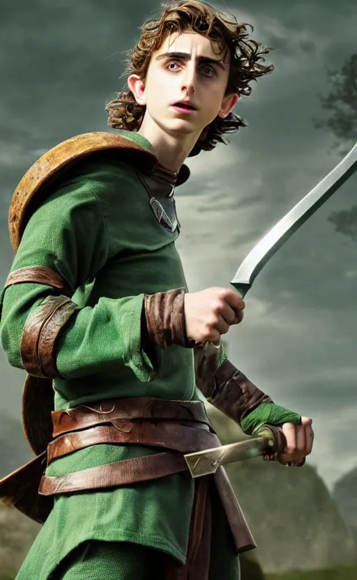 Image similar to epic cinemati shot of Timothee Chalamet starring as Link from Legend of Zelda, 8k movie scene, elf ears, long blonde blonde hair, green clothes, blue eyes, ++++++ super super super dynamic action posing, super serious facial expression, holding a sword & shield, ocarina of time movie, concept photos, dynamic lighting, dynamic shaders, night time, in the forest, fairy light above him