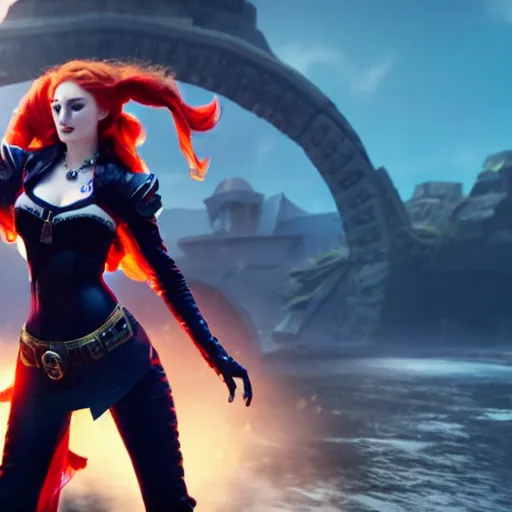 Image similar to an action shot of Sophie turner as Miss Fortune in League of Legends, 4K, cinema, imax, hyperreal