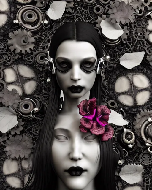 Image similar to monochrome 3 d model, steampunk biomechanical beautiful young female cyborg with porcelain profile face and a big floral eye, volumetric light, leaves foliage and stems, hibiscus flowers, boho floral vines, sinuous fine roots, fine foliage lace, alexander mcqueen, rim light, big gothic fashion pearl embroidered collar, octane render, 8 k