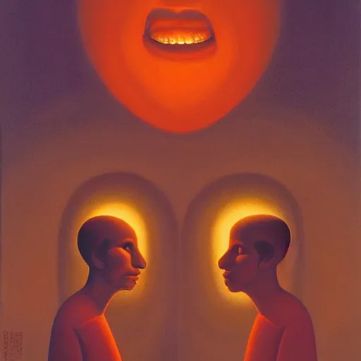 Prompt: Soul eating angels satisfy their hunger, light illumination at sunset, by George Tooker height 768