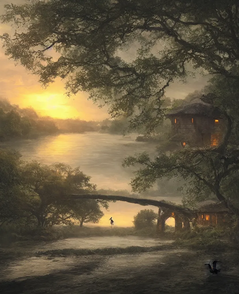 Image similar to small wooden cottage by the river, a tree with vines wrapped around it, two crows on the tree, tranquility, arch stone bridge over the river, an old man riding a horse on the bridge, sunset, by charlie bowater, by greg rutkowski