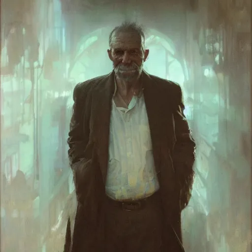 Image similar to hyperrealist portrait of a thin mean old man by jeremy mann and alphonse mucha, fantasy art, photo realistic, dynamic lighting, artstation, poster, volumetric lighting, very detailed faces, award winning