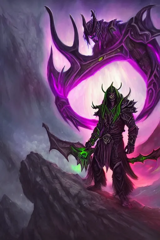 Image similar to illidan the demon hunter with band that cover his eyes with demon wings from world of warcraft with background digital painting trending on artstation