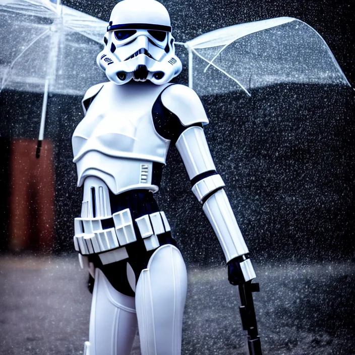 Prompt: fully body pose, photo of a very beautiful!! victoria secret model, stormtrooper themed, wet hair, raining, 8 k, hdr, smooth, sharp focus, high resolution, award - winning photo, trending on artstation, dslr, 5 0 mm