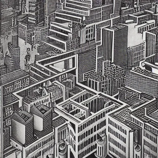 Prompt: urban city by m. c. escher