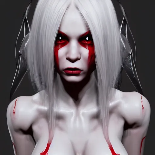 Image similar to a highly detailed portrait of a humanoid demon girl with white hair, red horns, in white clothes, artstation, deviantart, professional, unreal engine 5, photorealistic