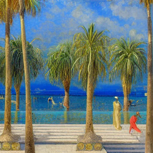 Image similar to a ultradetailed beautiful painting of the amazonas palace balustrade designed by jules bastien - lepage, hans belmer, frank weston and gustave baumann, beach, trending on artstation, mediterranean, palm trees, refracted color sparkles, sharp focus, soft light, 8 k 4 k