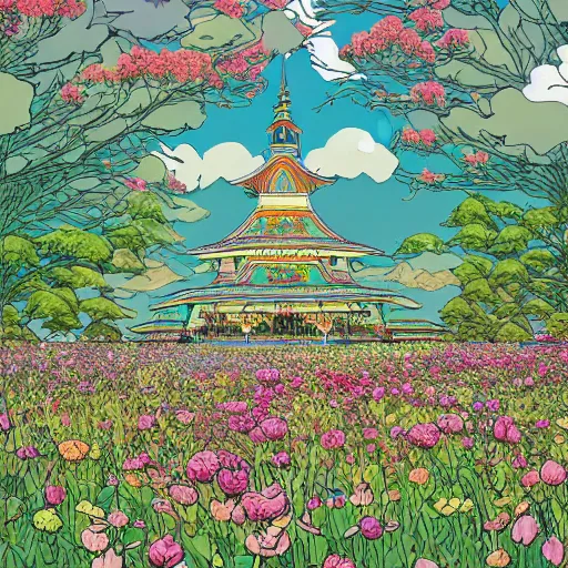 Prompt: a beautiful painting of a huge exquisite mystical shrine in a field of flowers by moebius and studio ghibli, hyper detailed vector line art, digital art