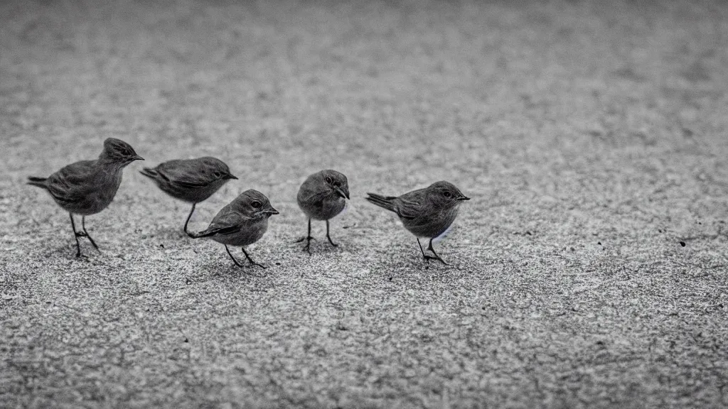 Prompt: a photo of small birds standing on the ground. monochromatic blue filter.