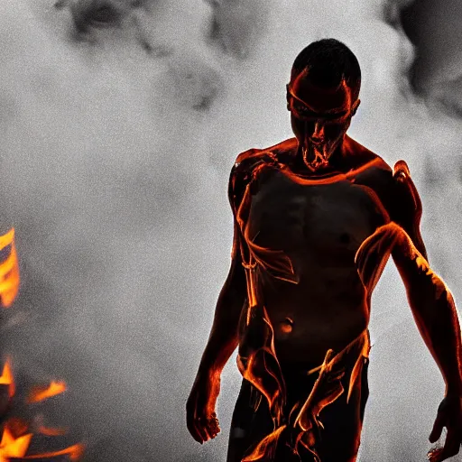 Prompt: a muscular man walking through flames. His skin is charcoal. His eyes are coals. His bones are exposed