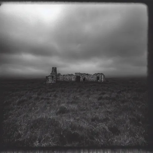 Prompt: a dark moody photo taken with a Holga of a ruined castle on an empty moor, greyscale, stormy