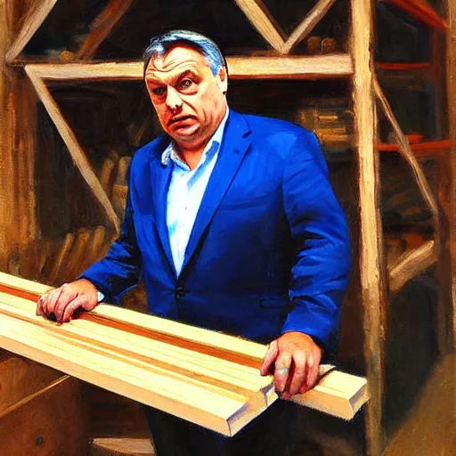 Image similar to viktor orban in a wood workshop, oil painting