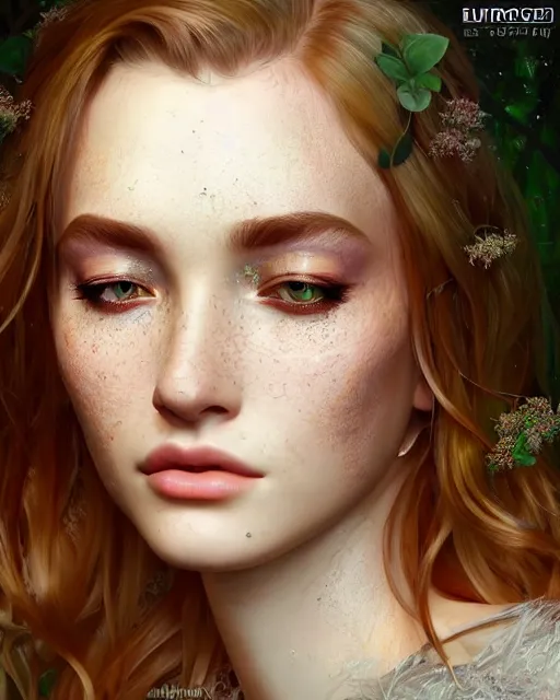 Image similar to beautiful digital painting of a stylish eurasian crystal socialite forest with high detail, real life skin, freckles, 8 k, stunning detail, works by artgerm, greg rutkowski and alphonse mucha, unreal engine 5, 4 k uhd