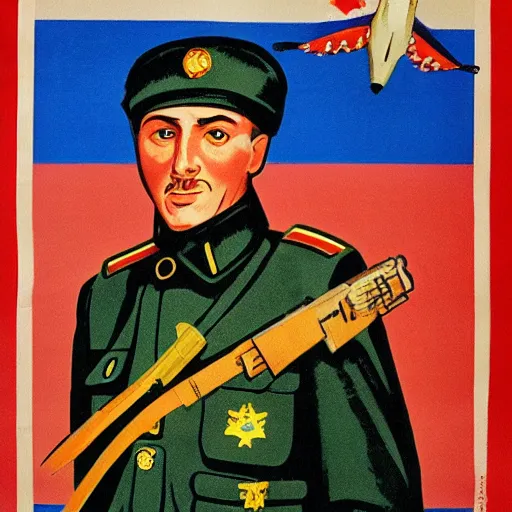 Image similar to soviet propaganda poster depicting a dromaius novaehollandiae in military uniform