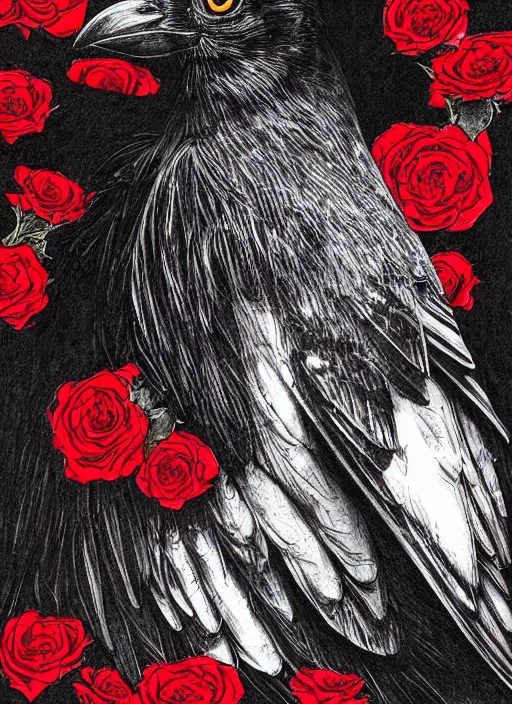 Image similar to portrait, A crow with red eyes in front of the full big moon, book cover, red roses, red white black colors, establishing shot, extremly high detail, foto realistic, cinematic lighting, pen and ink, intricate line drawings, by Yoshitaka Amano, Ruan Jia, Kentaro Miura, Artgerm, post processed, concept art, artstation, matte painting, style by eddie mendoza, raphael lacoste, alex ross