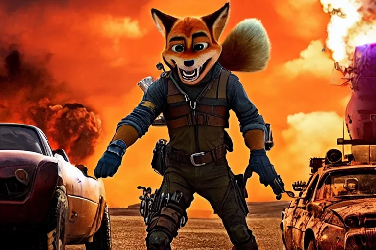 Image similar to nick wilde, heavily armed and armored facing down armageddon in a dark and gritty reboot from the makers of mad max : fury road