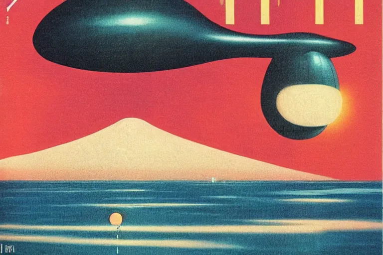 Prompt: 1 9 7 9 omni magazine cover of blimp with a floodlight searching over the water near tokyo. art in bladerunner 2 0 4 9 style by dali, and vincent di fate