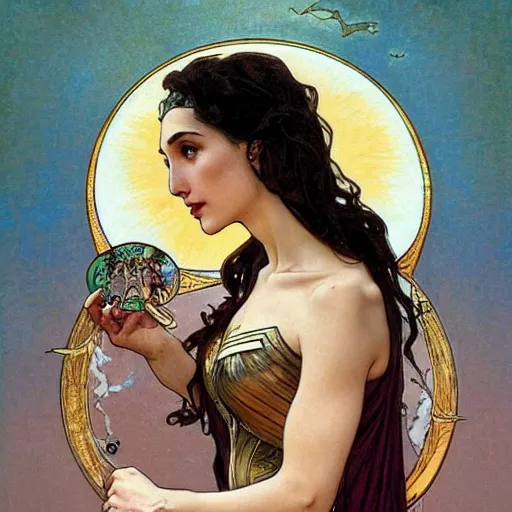 Image similar to gal gadot portrait by louis - theophile hingre and alphonse mucha, realistic, sharp focus, zodiac signs, tarot cards, planets, ethereal, art nouveau, magic, moon, sun, crown, dreamy, royal, jewellery