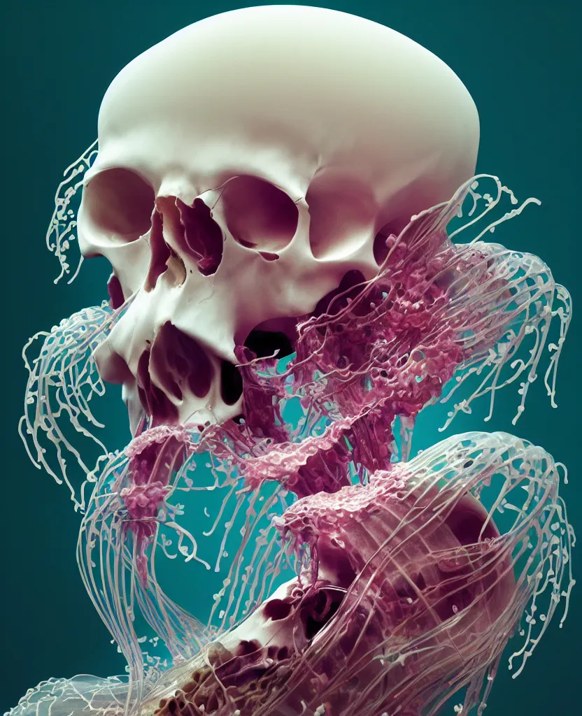 Image similar to composition of human skulls, animals skulls, bones, rib-cage. jellyfish orchids and betta fish, bioluminiscent, intricate artwork by Tooth Wu and wlop and beeple. octane render, trending on artstation, greg rutkowski very coherent symmetrical artwork. cinematic, hyper realism, high detail, octane render, 8k