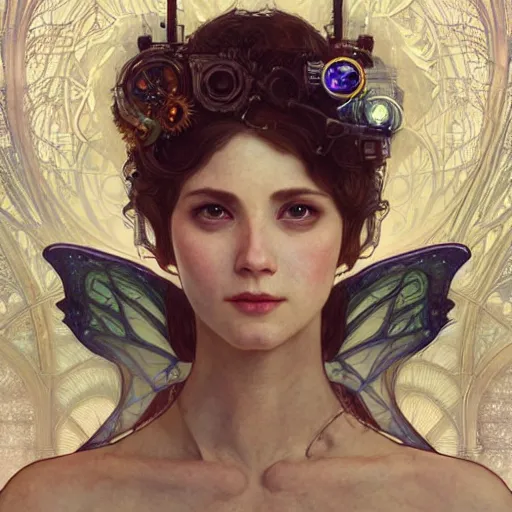 Image similar to portrait of a fairy with mechanical wings, wires and gears and machine, intricate, headshot, highly detailed, digital painting, artstation, concept art, sharp focus, cinematic lighting, illustration, art by artgerm and greg rutkowski, alphonse mucha, cgsociety