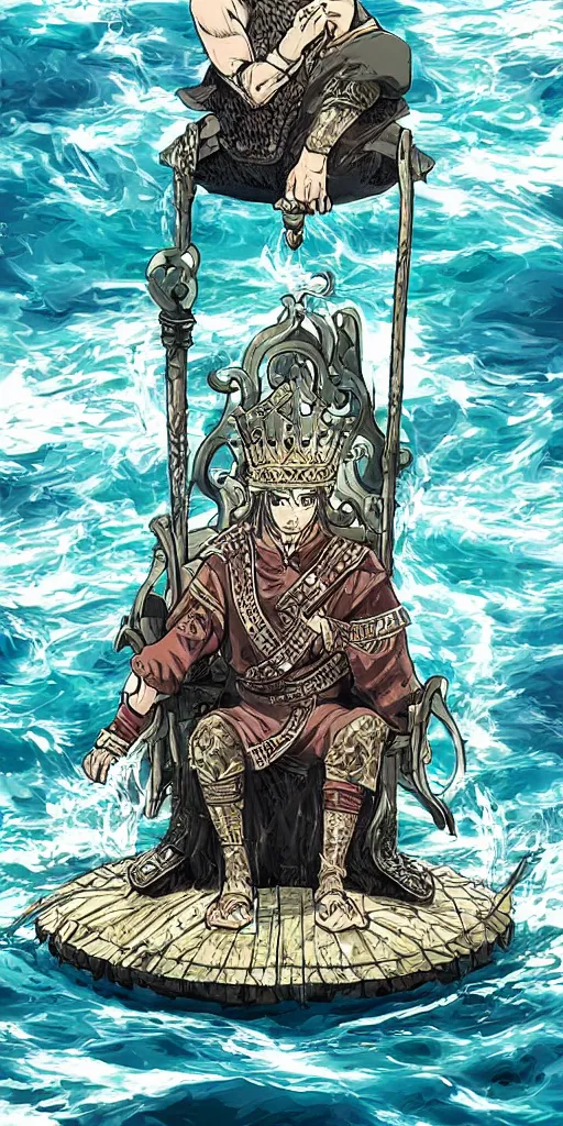 Image similar to a lone king sitting on a throne floating on water in the middle of a lake drawn by Makoto Yukimura in the style of Vinland saga anime, full color, detailed