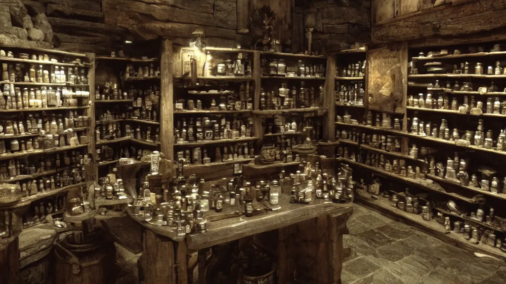 Prompt: 12th century apothecary shop, film still from the game skyrim, wide lens