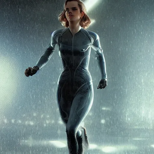 Prompt: a highly detailed matte portrait of emma watson dressed as seven of nine running through a thunderstorm, scifi by star trek, unreal engine, volumetric lighting, exquisite detail, 8 k, art by greg rutkowski and alphonse mucha