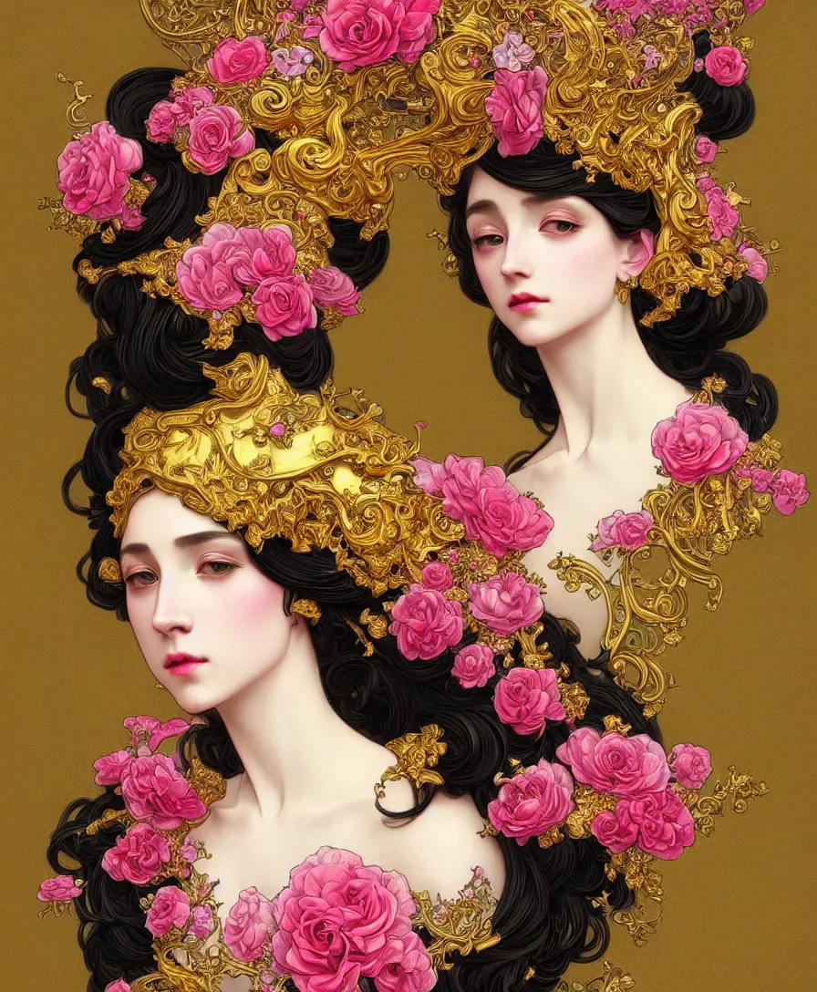 Image similar to beautiful black pink yellow, complicated gold and pink flowers in baroque style headwears, dark fantasy, intricate, elegant, highly detailed, digital painting, artstation, concept art, matte, 3 d 8 k octane rendered, sharp focus, illustration, octane rendered, art by artgerm and alphonse mucha, leesha hannigan