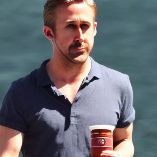 Image similar to ryan gosling drinking beer, high quality photo