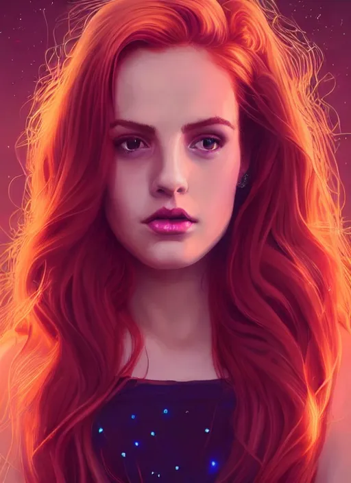 Image similar to full body portrait of teenage cheryl blossom, bangs, green eyes, sultry expression, red hair, sultry smirk, bangs and wavy hair, pink skirt, bangs, intricate, elegant, glowing lights, highly detailed, digital painting, artstation, concept art, smooth, sharp focus, illustration, art by wlop, mars ravelo and greg rutkowski