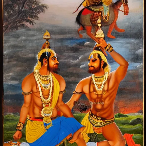 Prompt: a painting of bhima holding a mace and standing over slain duryodhana, mahabharat, an oil on canvas painting by raja ravi verma and ram chandra shukla, artstation, samikshavad, detailed painting, epic, oil on canvas h - 7 6 8