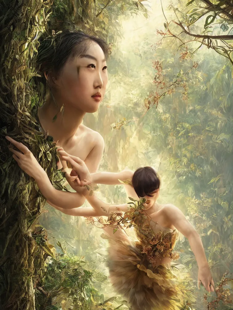 Image similar to stunningly beautiful, asian prima ballerina in jungle, symmetrical face, golden hour, smooth, focus, highly detailed, hyper realistic, dramatic lighting, elegant, intricate, concept art, art by wlop, mars ravelo, greg rutowski