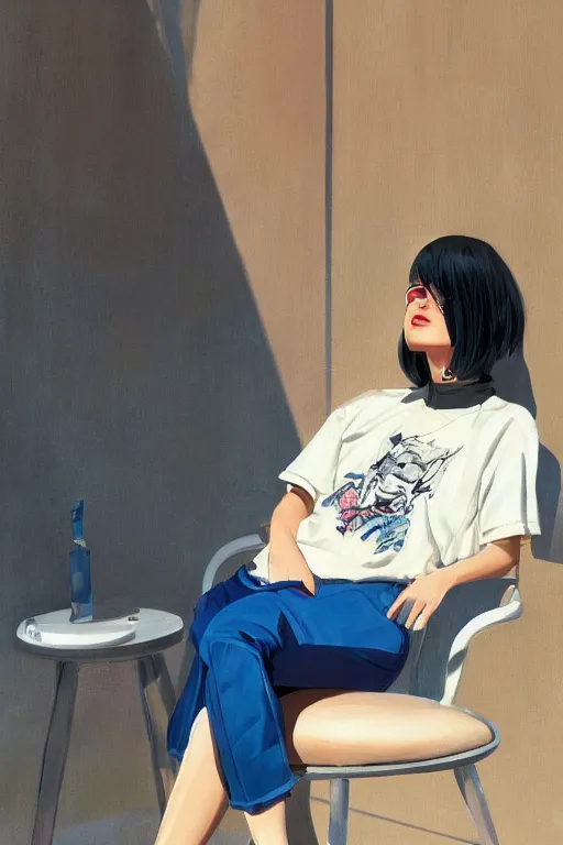 Image similar to A ultradetailed beautiful panting of a stylish woman looking at the camera, she is wearing streetwear, she is sitting on a chair, bright sunny day, Oil painting, by Ilya Kuvshinov, Greg Rutkowski and Makoto Shinkai